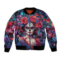 Bomber jacket with sugar skull and rose print, front zipper, black ribbed cuffs and hem