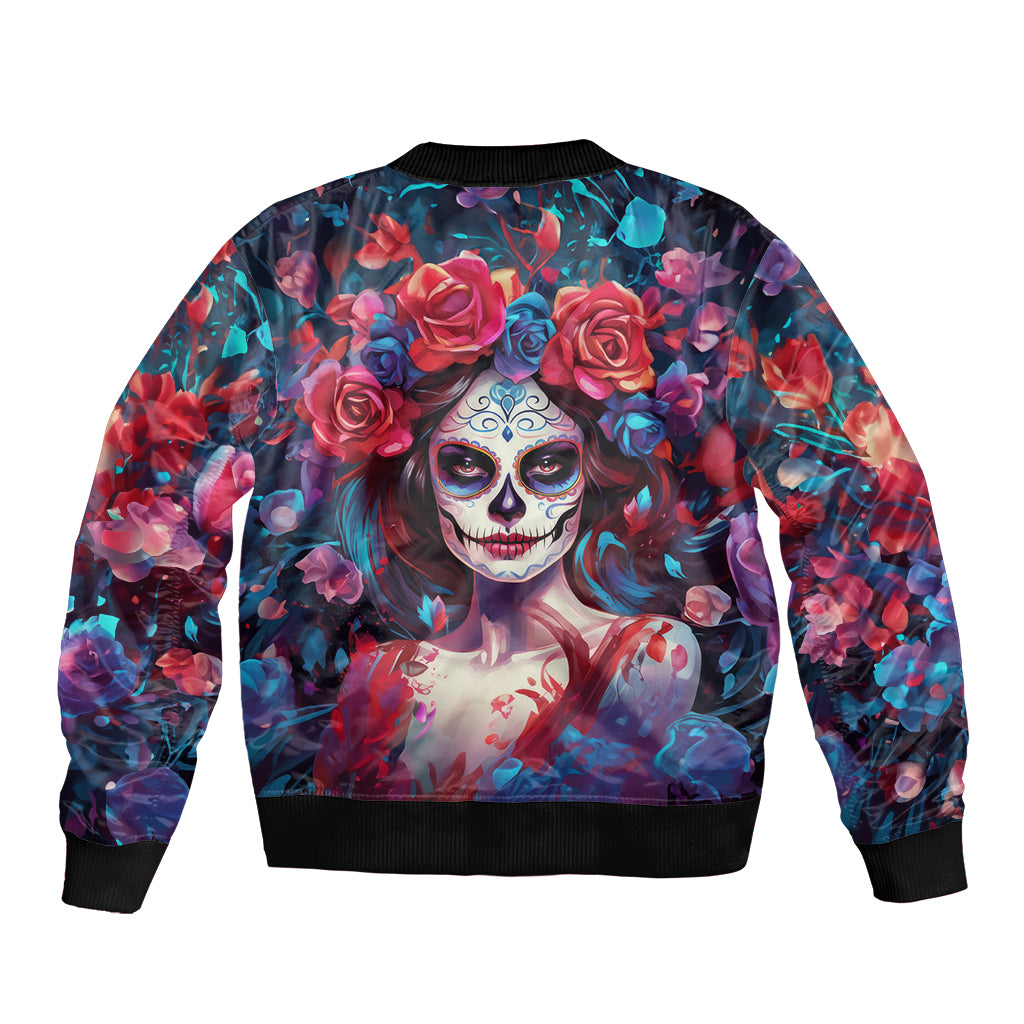 Bomber jacket with sugar skull and roses print, back view, black ribbed neckline and cuffs