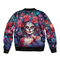 Bomber jacket with sugar skull and roses print, back view, black ribbed neckline and cuffs