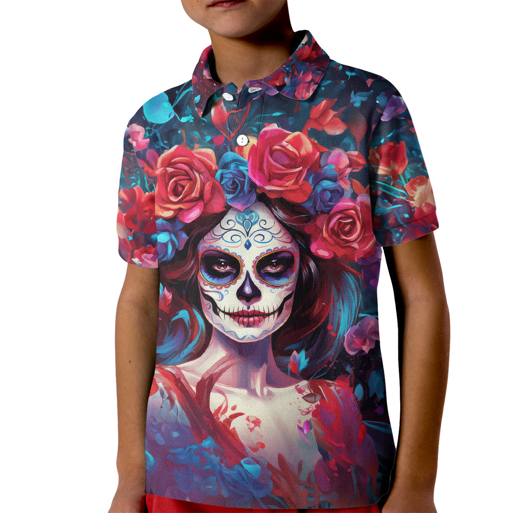 Day of Dead Lady Kid Polo Shirt Sugar Skull Field Rose Lady - Wonder Print Shop