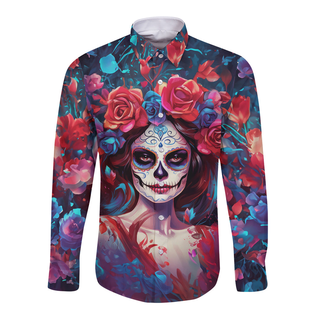 Purple long sleeve button shirt with sugar skull face and rose floral print