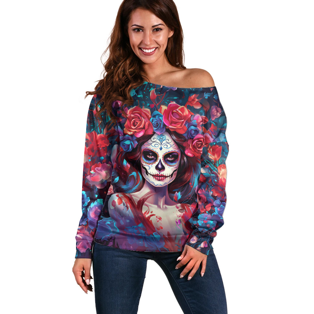 Day of Dead Lady Off Shoulder Sweater Sugar Skull Field Rose Lady - Wonder Print Shop