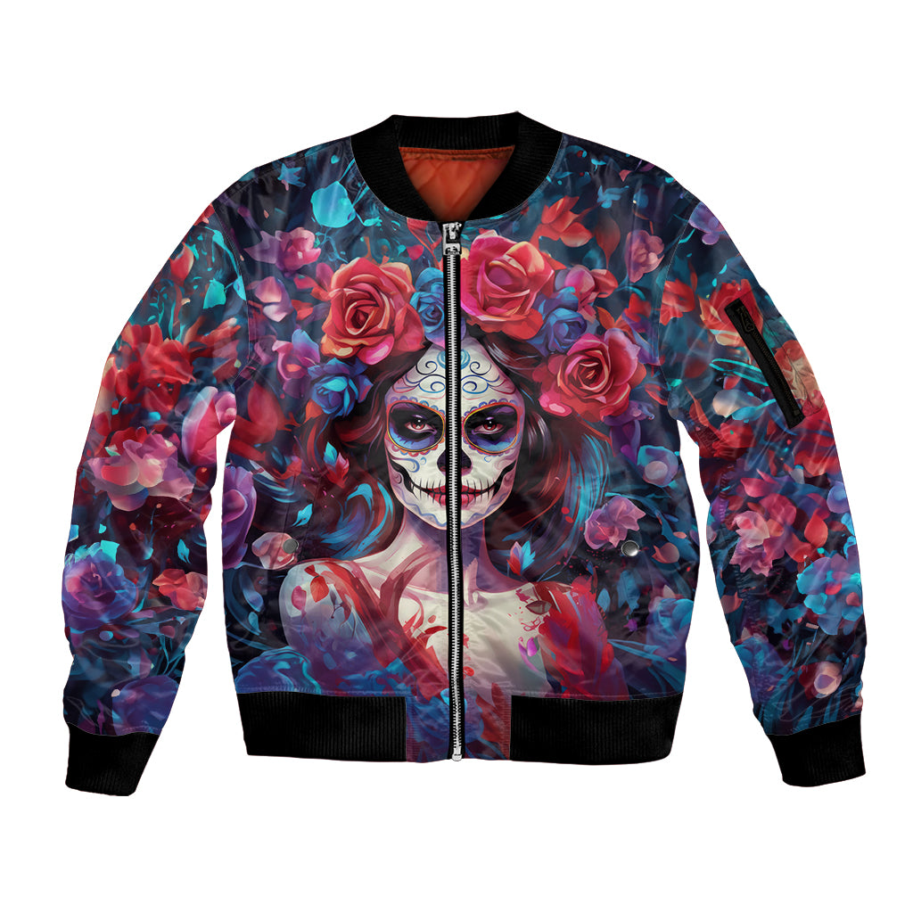 Day of Dead Lady Sleeve Zip Bomber Jacket Sugar Skull Field Rose Lady - Wonder Print Shop