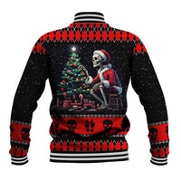 Black baseball jacket back with skeleton Santa and Christmas tree scene, striped rib trim