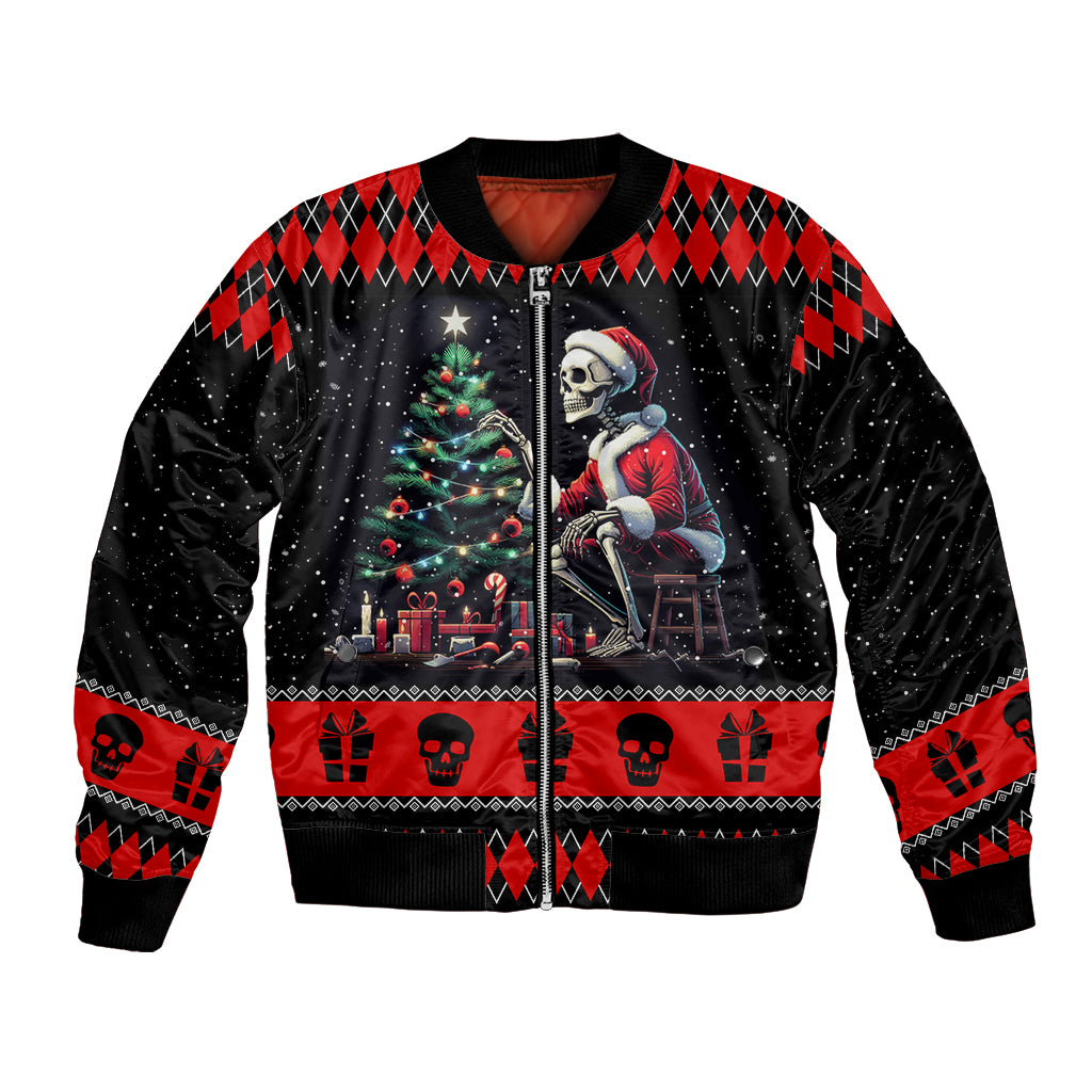 Unisex black bomber jacket with red argyle, skull and skeleton holiday graphic