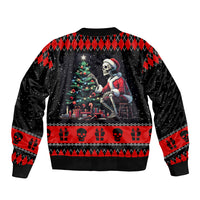 Unisex black bomber jacket with red argyle trim and holiday skull scene on back