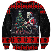 Black unisex crewneck sweatshirt with red argyle trim and Santa skull Christmas graphic