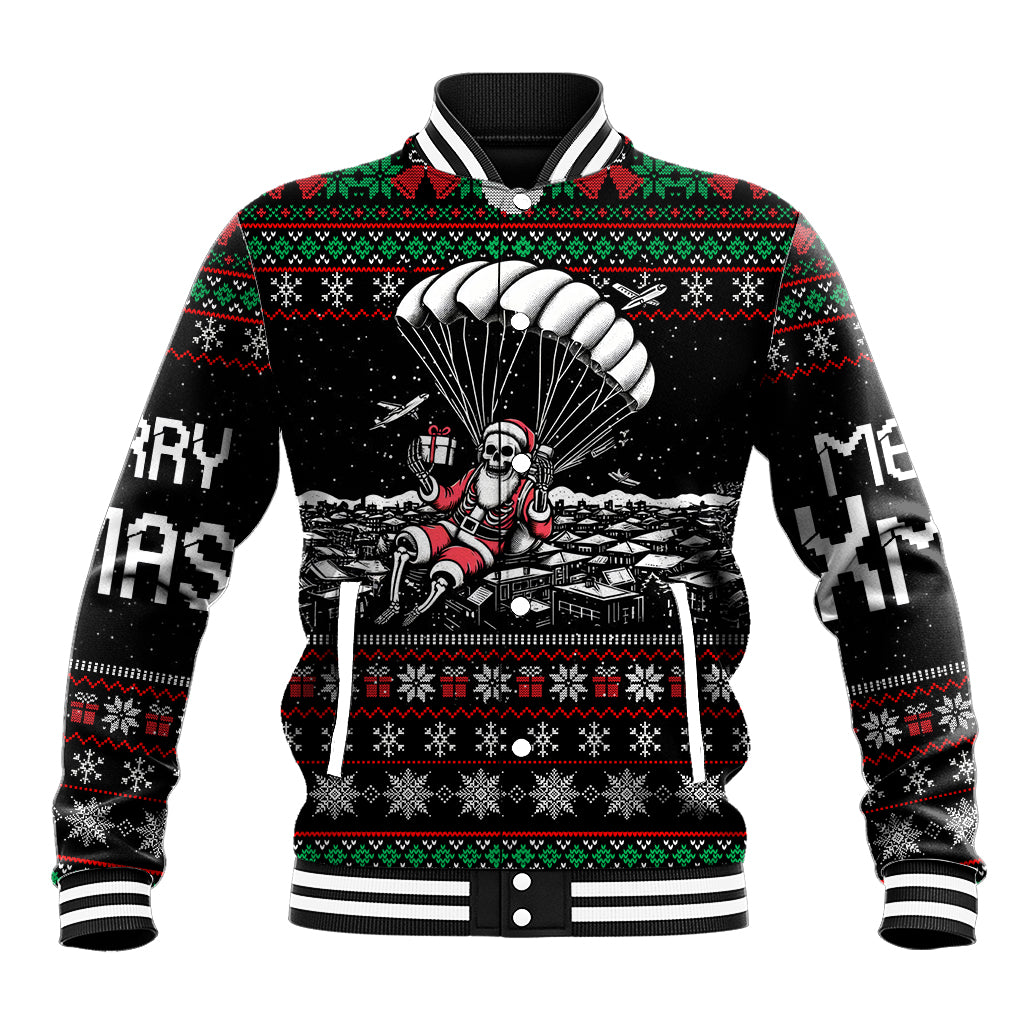 Black baseball jacket with ribbed striped collar, Santa skull graphic, festive band hem