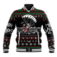 Black baseball jacket with ribbed striped collar, Santa skull graphic, festive band hem