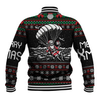 Black baseball jacket with large Santa skull parachute back print and festive fair isle trim