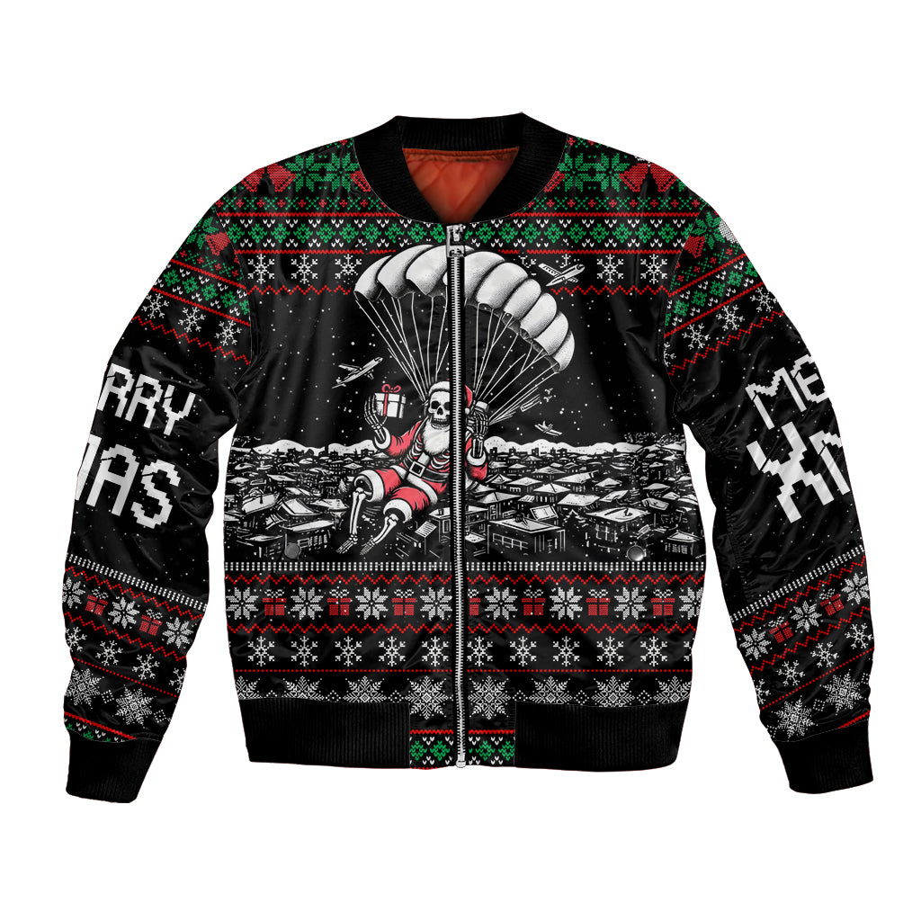 Black bomber jacket, full-zip front, skull parachute holiday graphic
