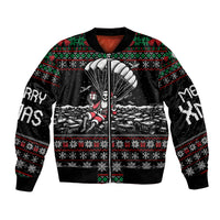 Black bomber jacket, full-zip front, skull parachute holiday graphic