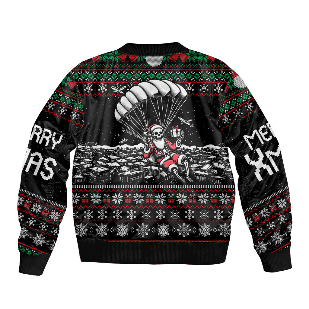 Black bomber jacket with ribbed collar, skull parachute holiday graphic