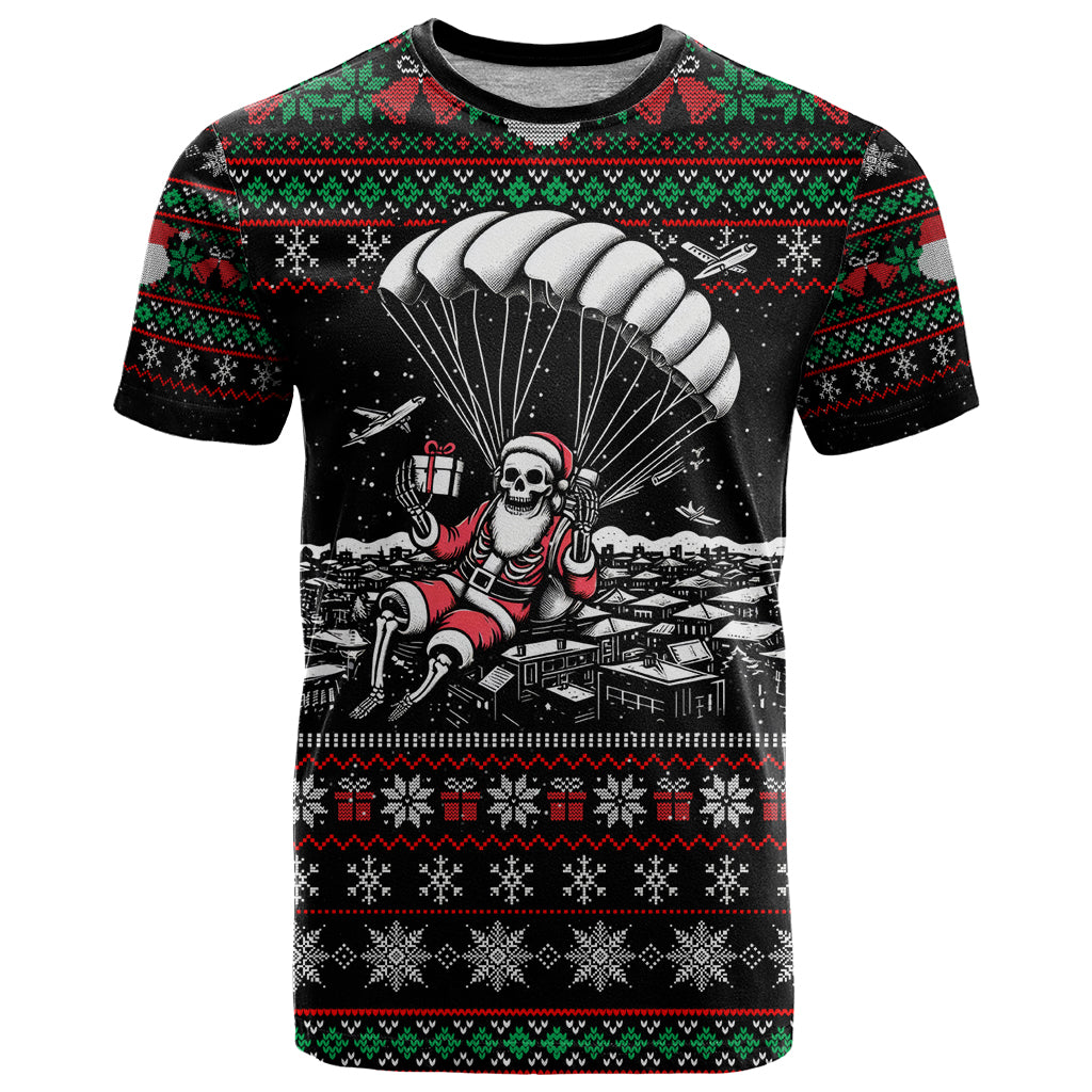 Christmas Skull T Shirt Santa Skull Jumps In Parachute - Wonder Print Shop