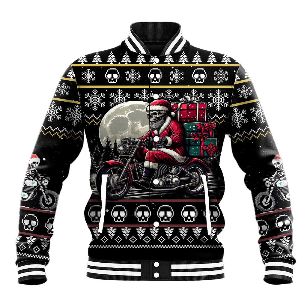 Black unisex baseball jacket with Santa skull rider graphic, ribbed collar