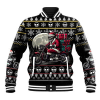 Black unisex baseball jacket with Santa skull rider graphic, ribbed collar