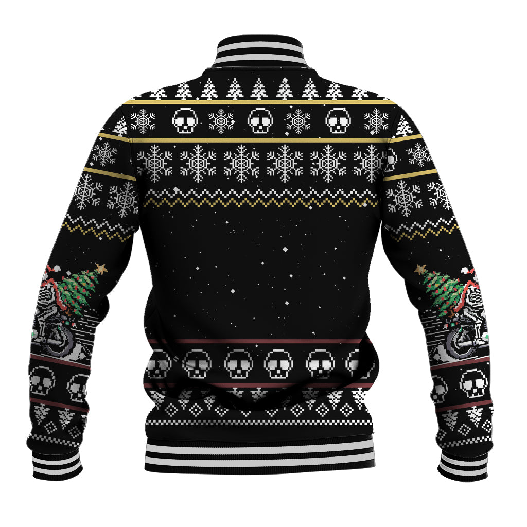 Black unisex baseball jacket back with holiday skull pattern, ribbed cuffs and hem stripes