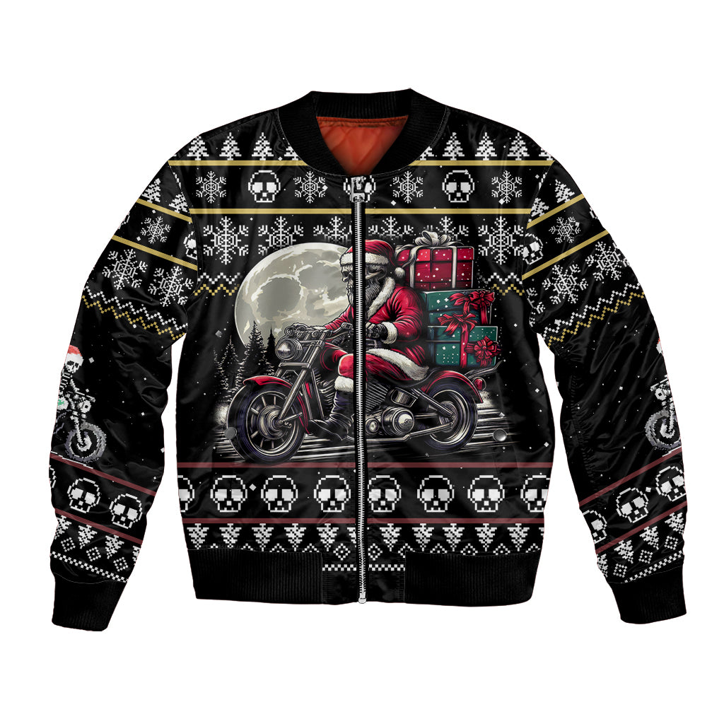Black bomber jacket with front skull and motorcycle graphic, zipper front, festive knit trim