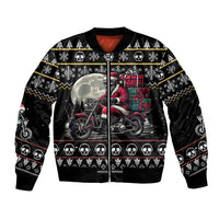 Black bomber jacket with front skull and motorcycle graphic, zipper front, festive knit trim