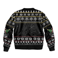 Black bomber jacket back with skull pattern, snowflake and holiday trim bands