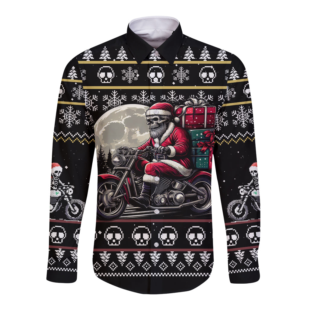 Christmas Skull Long Sleeve Button Shirt Santa Skull Ride Motorbike - Wonder Print Shop