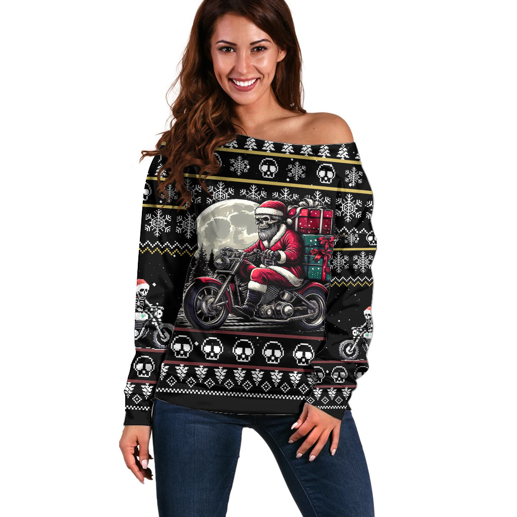 Christmas Skull Off Shoulder Sweater Santa Skull Ride Motorbike - Wonder Print Shop