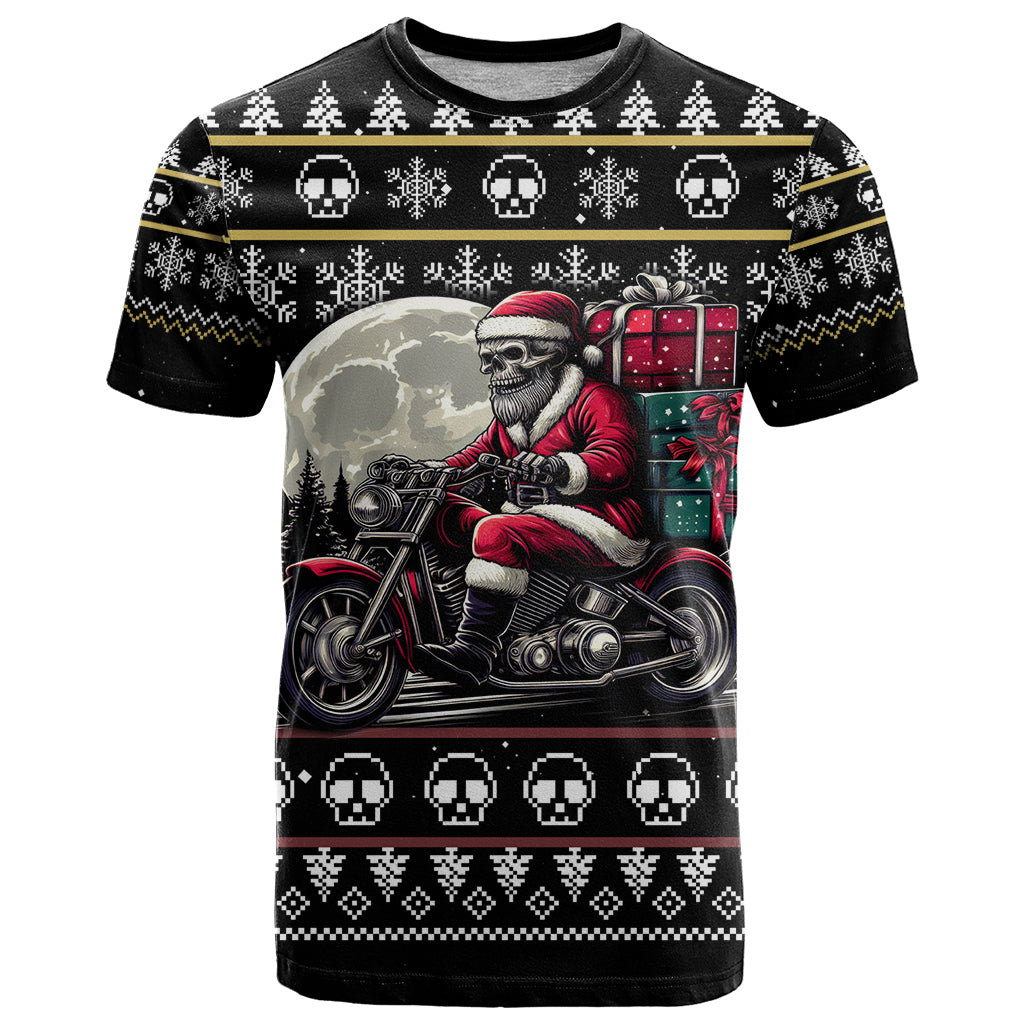 Christmas Skull T Shirt Santa Skull Ride Motorbike - Wonder Print Shop