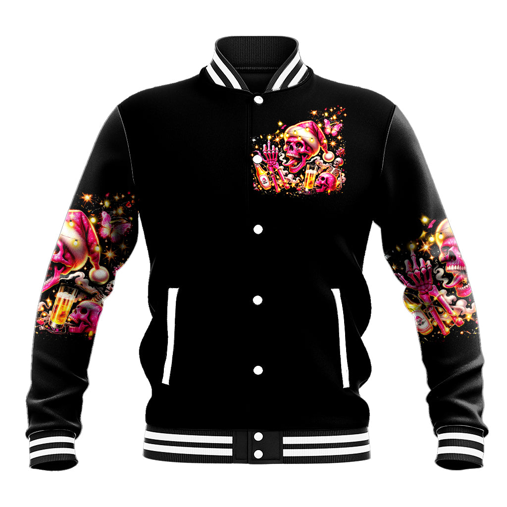 Black unisex baseball jacket with colorful holiday skull graphic, striped collar and cuffs