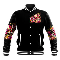 Black unisex baseball jacket with colorful holiday skull graphic, striped collar and cuffs