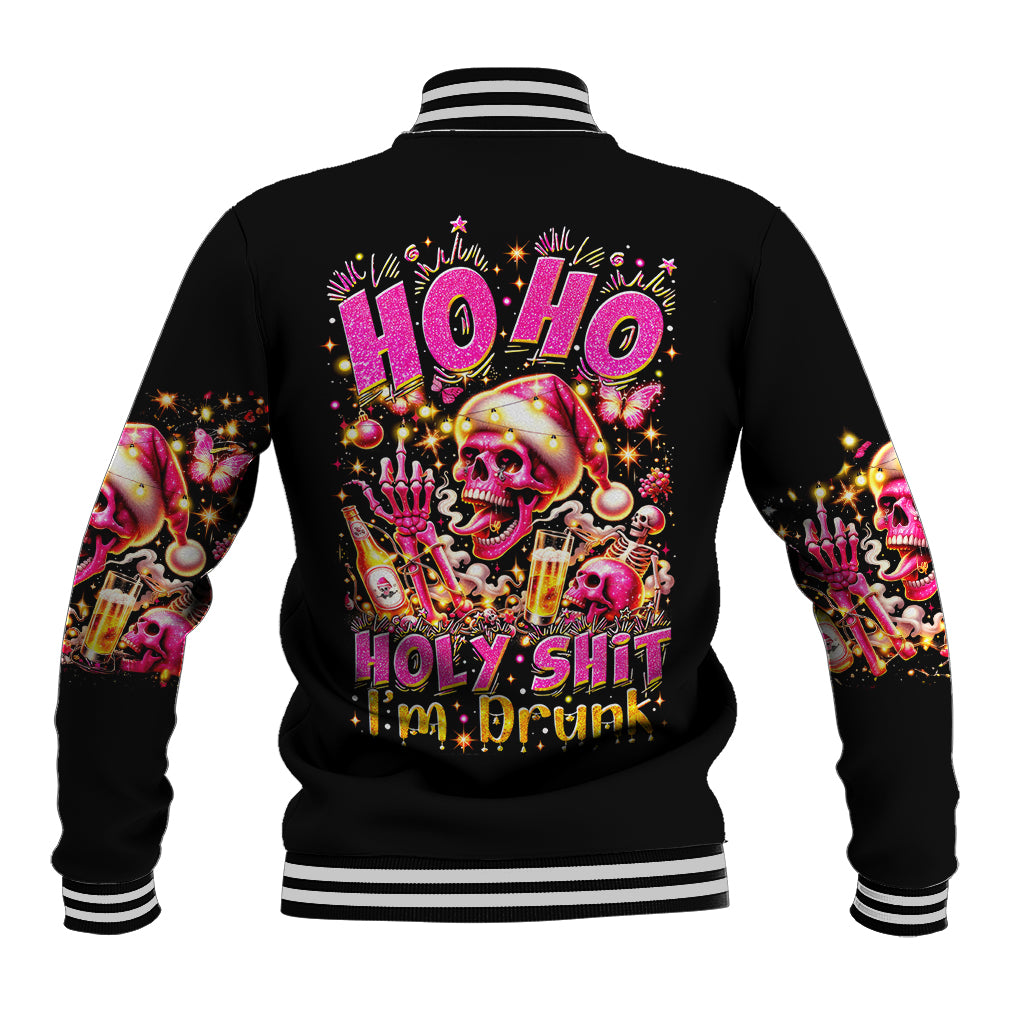 Black unisex baseball jacket, back skull 'Ho Ho Ho Holy Shit' graphic with striped hem and cuffs
