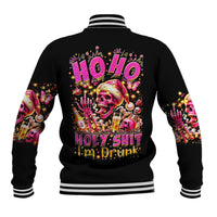 Black unisex baseball jacket, back skull 'Ho Ho Ho Holy Shit' graphic with striped hem and cuffs