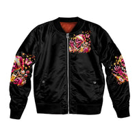 Black unisex bomber jacket with front zipper and colorful skull graphic