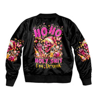 Black unisex bomber jacket with back skull print and festive text