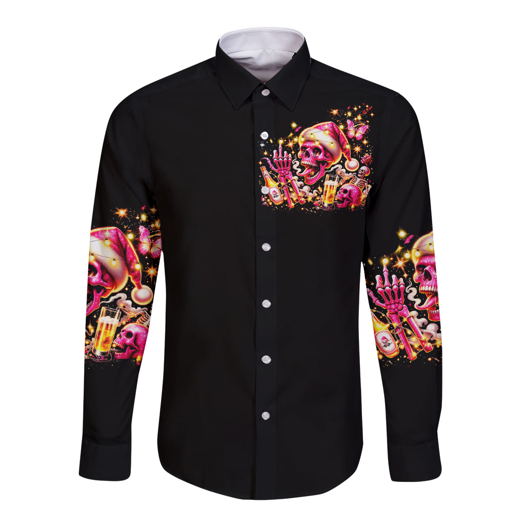 Black long-sleeve button-up shirt with festive skull graphic on chest and sleeves