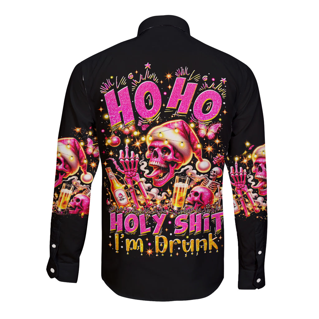 Black long-sleeve button-up shirt with large back skull graphic and 'HO HO HO'
