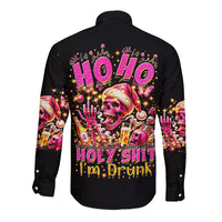 Black long-sleeve button-up shirt with large back skull graphic and 'HO HO HO'