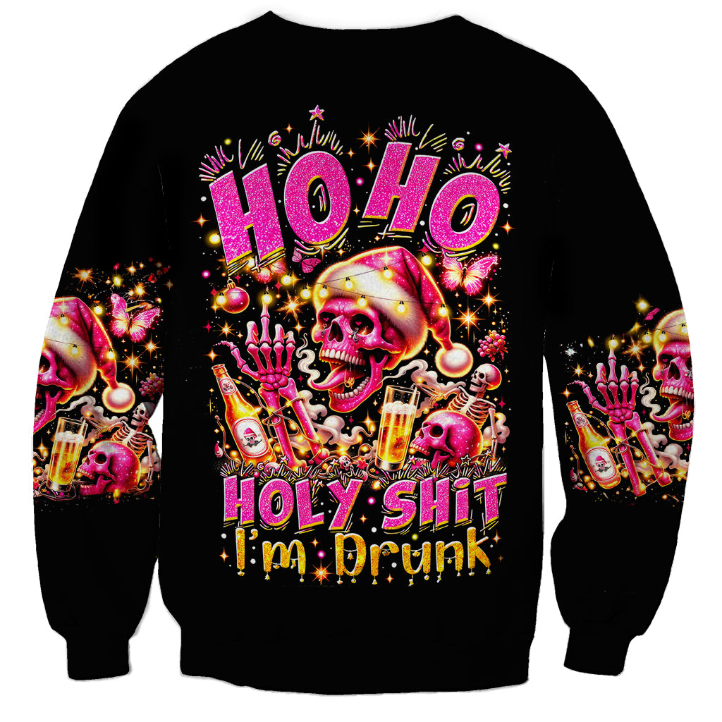 Unisex black sweatshirt with large back skull graphic and holiday slogan text