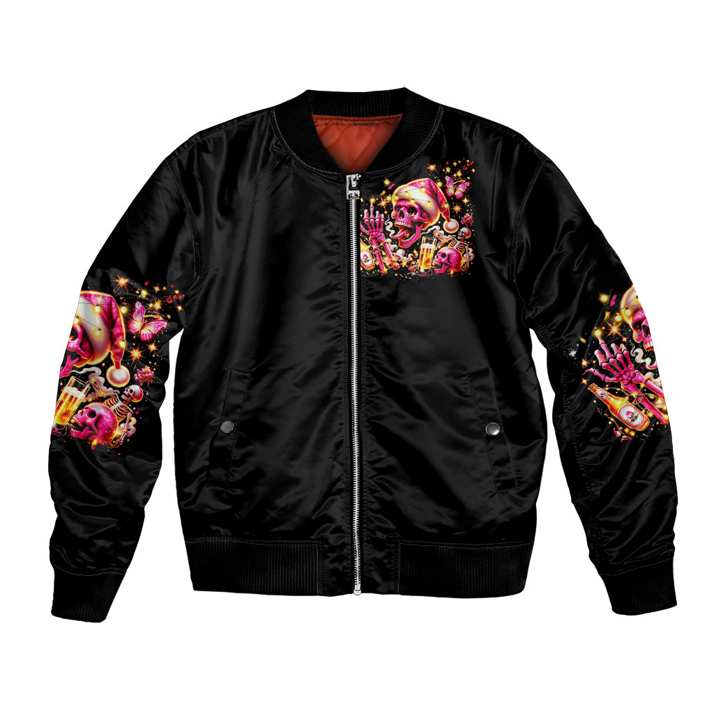 Black unisex bomber jacket with front skull graphic and colorful sleeve prints