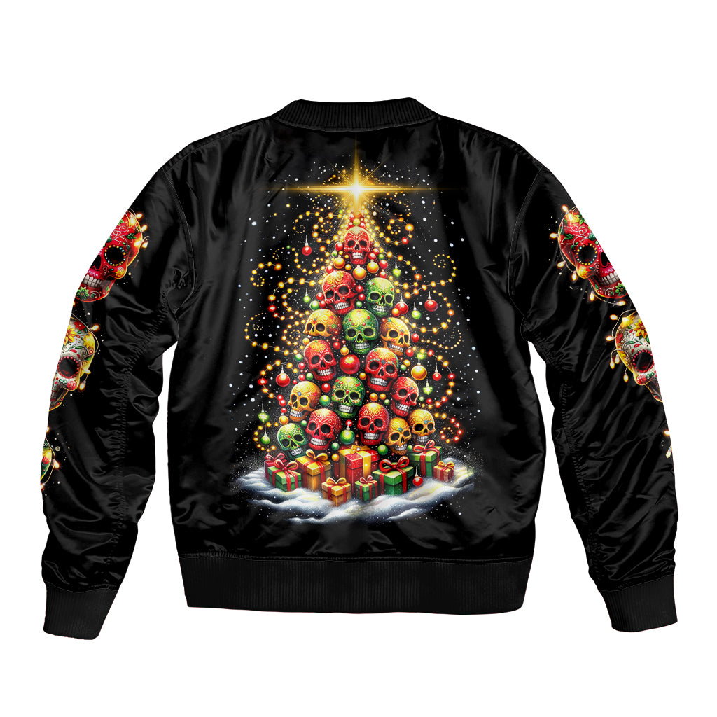 Black satin bomber jacket with colorful sugar skull Christmas tree back print