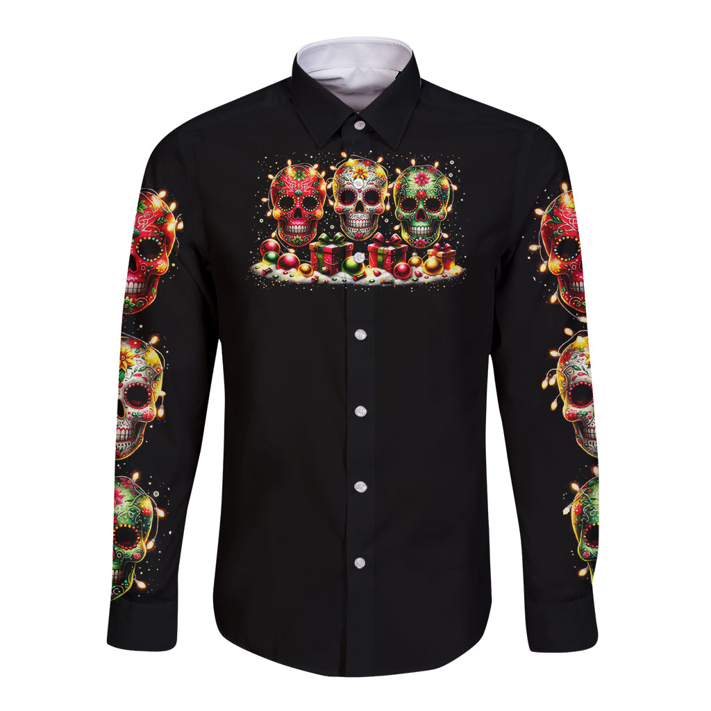 Christmas Sugar Skull Long Sleeve Button Shirt Christmas Tree Sugar Skull - Wonder Print Shop