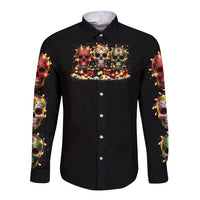 Black long-sleeve button shirt with colorful sugar skull chest graphic and sleeve print