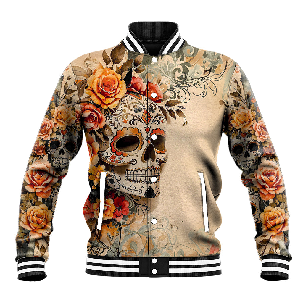 Unisex yellow baseball jacket with front sugar skull, roses, snap buttons, and striped collar