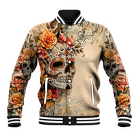 Unisex yellow baseball jacket with front sugar skull, roses, snap buttons, and striped collar