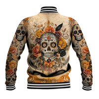 Unisex yellow baseball jacket with back sugar skull, roses, and striped rib trim