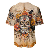 Yellow baseball jersey with large sugar skull and rose floral print on back