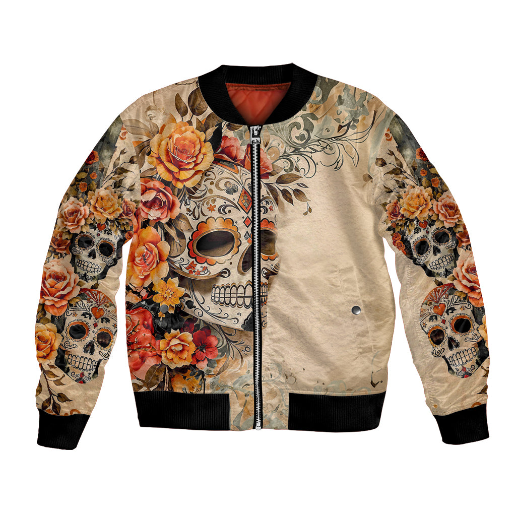Unisex sugar skull bomber jacket, front zip with floral skull and pocket panels, black ribbing.