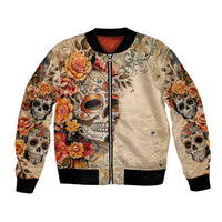 Unisex sugar skull bomber jacket, front zip with floral skull and pocket panels, black ribbing.