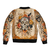 Unisex sugar skull bomber jacket with floral skull print on back, black ribbed cuffs and hem.