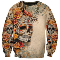 Beige unisex sweatshirt with skull face graphic, roses and flowers on long sleeves