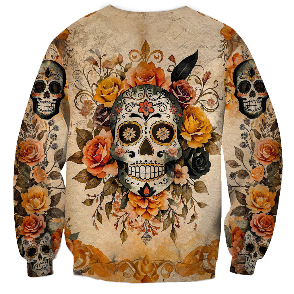 Beige unisex sweatshirt with large sugar skull and floral rose print, long sleeves